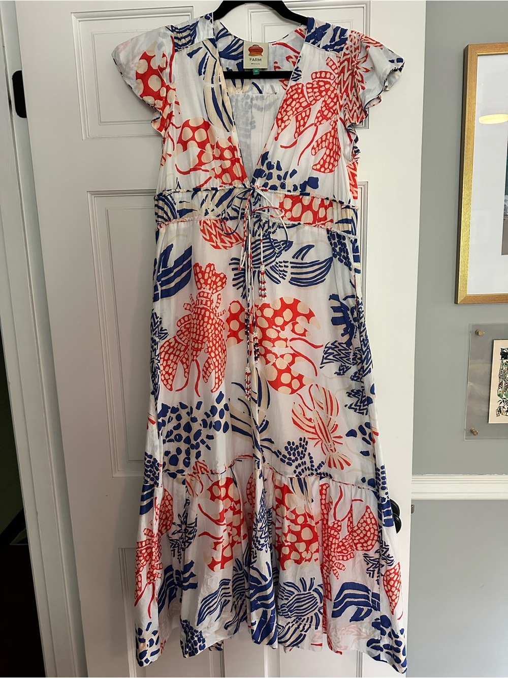 FARM Rio White Maxi Dress with Red & Blue Tropical Print